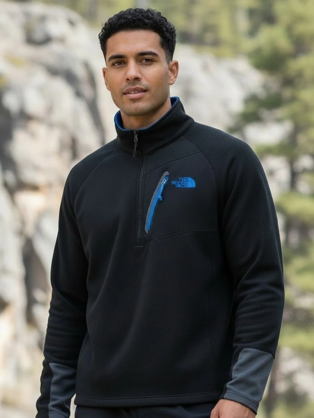 The North Face Men's Black Quarter-zip Pullover Jacket with Blue Accents